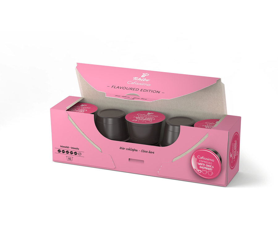 Otevřené růžové balení Cafissimo Flavoured Espresso – White Choc & Raspberry s deseti kapslemi uvnitř.