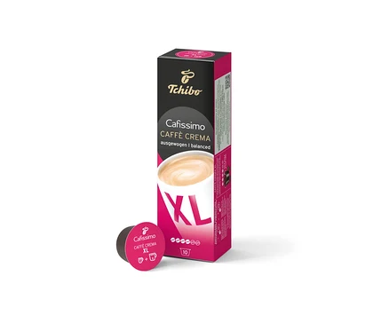 Balení a kapsle Cafissimo Caffè Crema XL. Balení je černé a růžové.