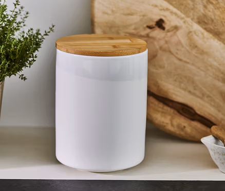 Keramická bílá dóza na kávu s dřevěným víkem, 500 g.