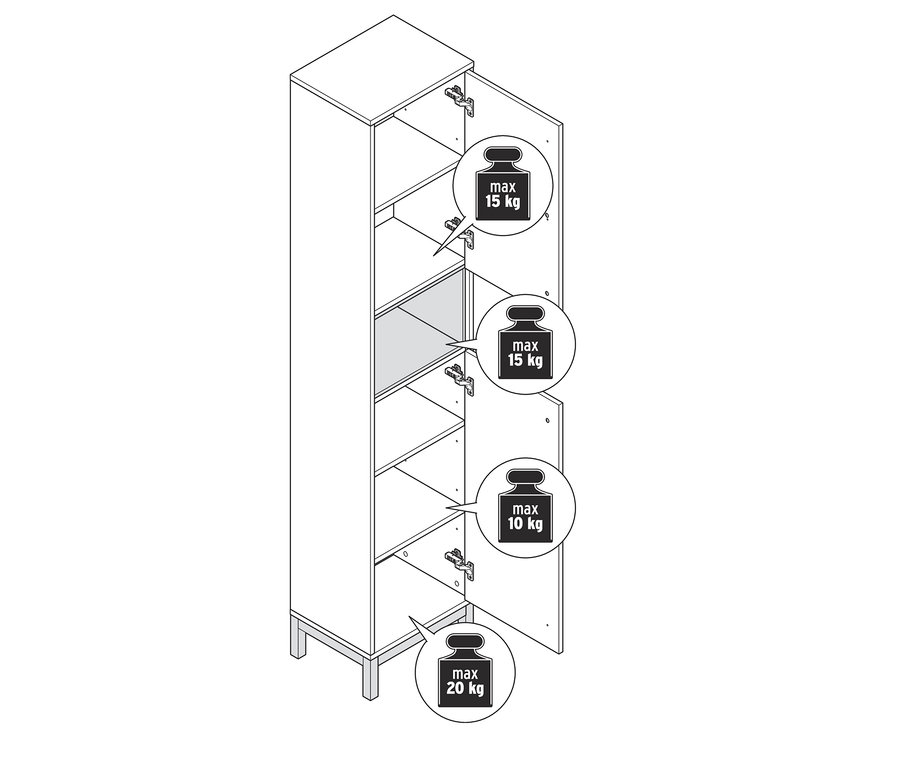 Náčrt bílé koupelnové skříňky Eklund s otevřenými dvířky a policemi.