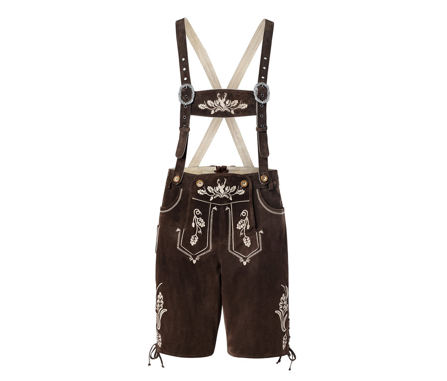 Kožené kalhoty ke kroji s bílou výšivkou a béžovými šlemi.