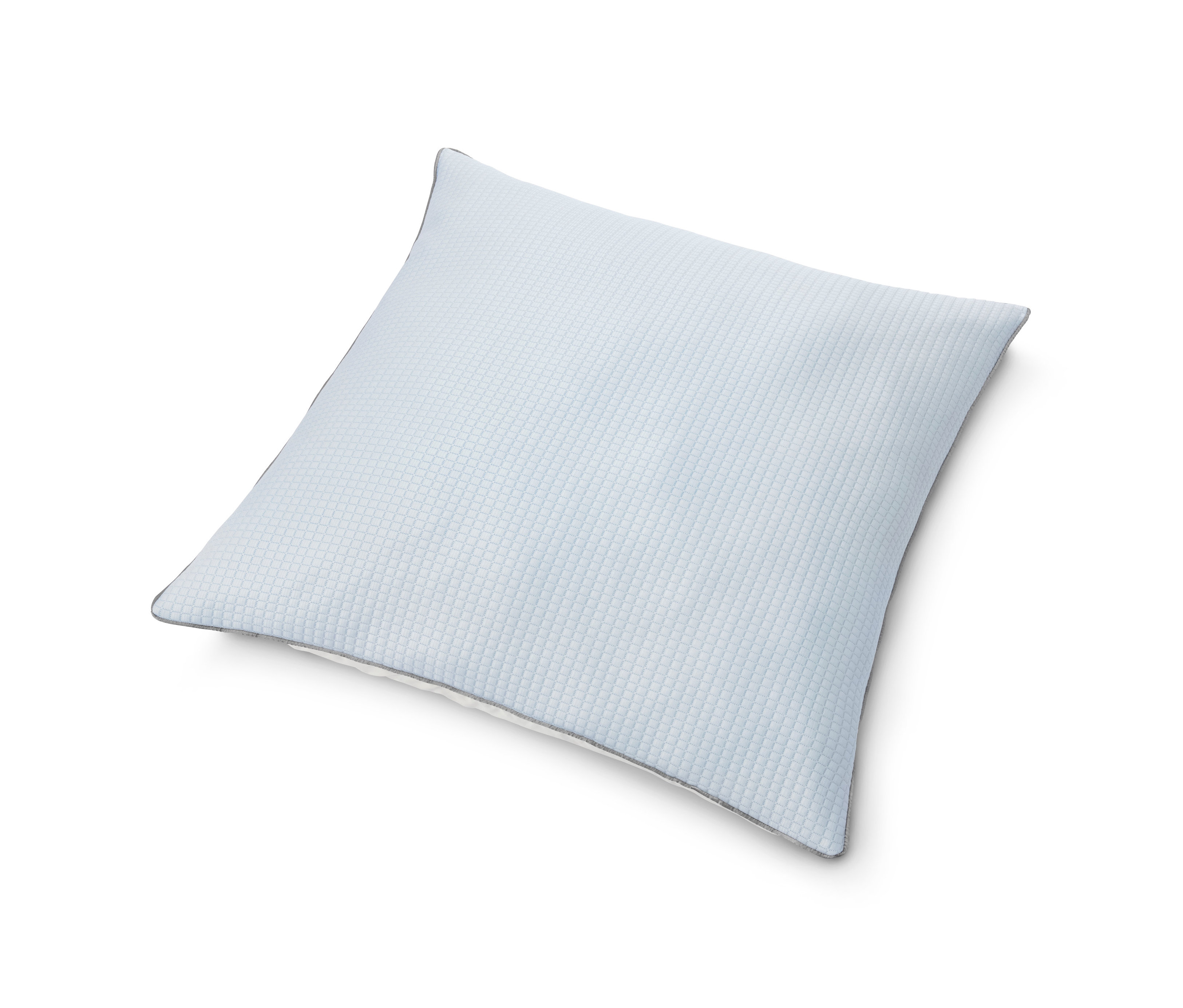Světle modrý chladivý polštář cca 80 x 80 cm s texturou a šedým lemem.