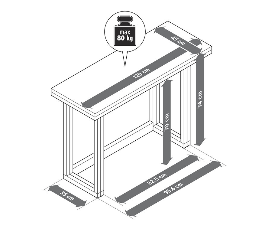 Nákres jídelního a pracovního stolu s rozměry.