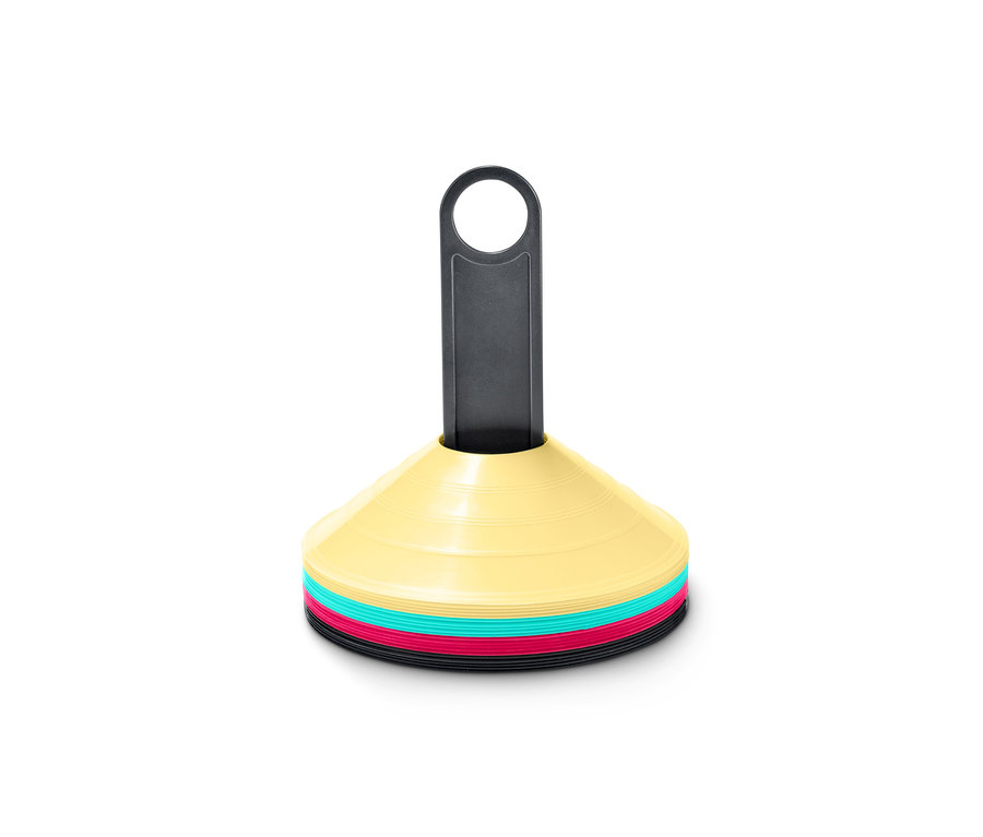 Sada 20 tréninkových kuželů žluté, modré, růžové a černé barvy s černým držadlem.