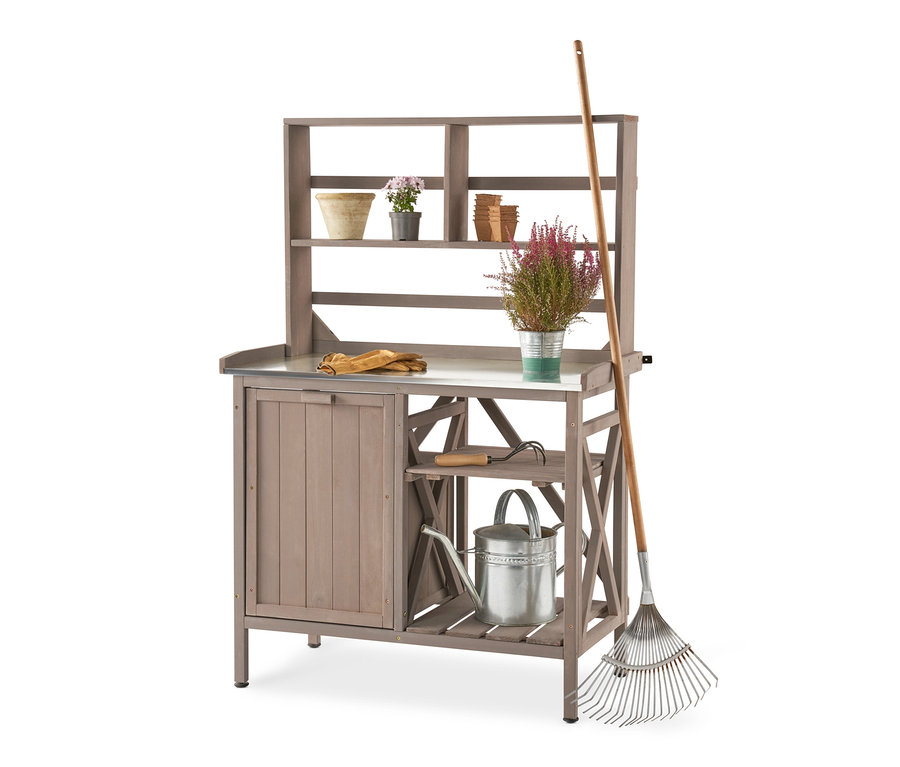 Zahradnický stolek s regálem JONTE se zahradnickými potřebami.