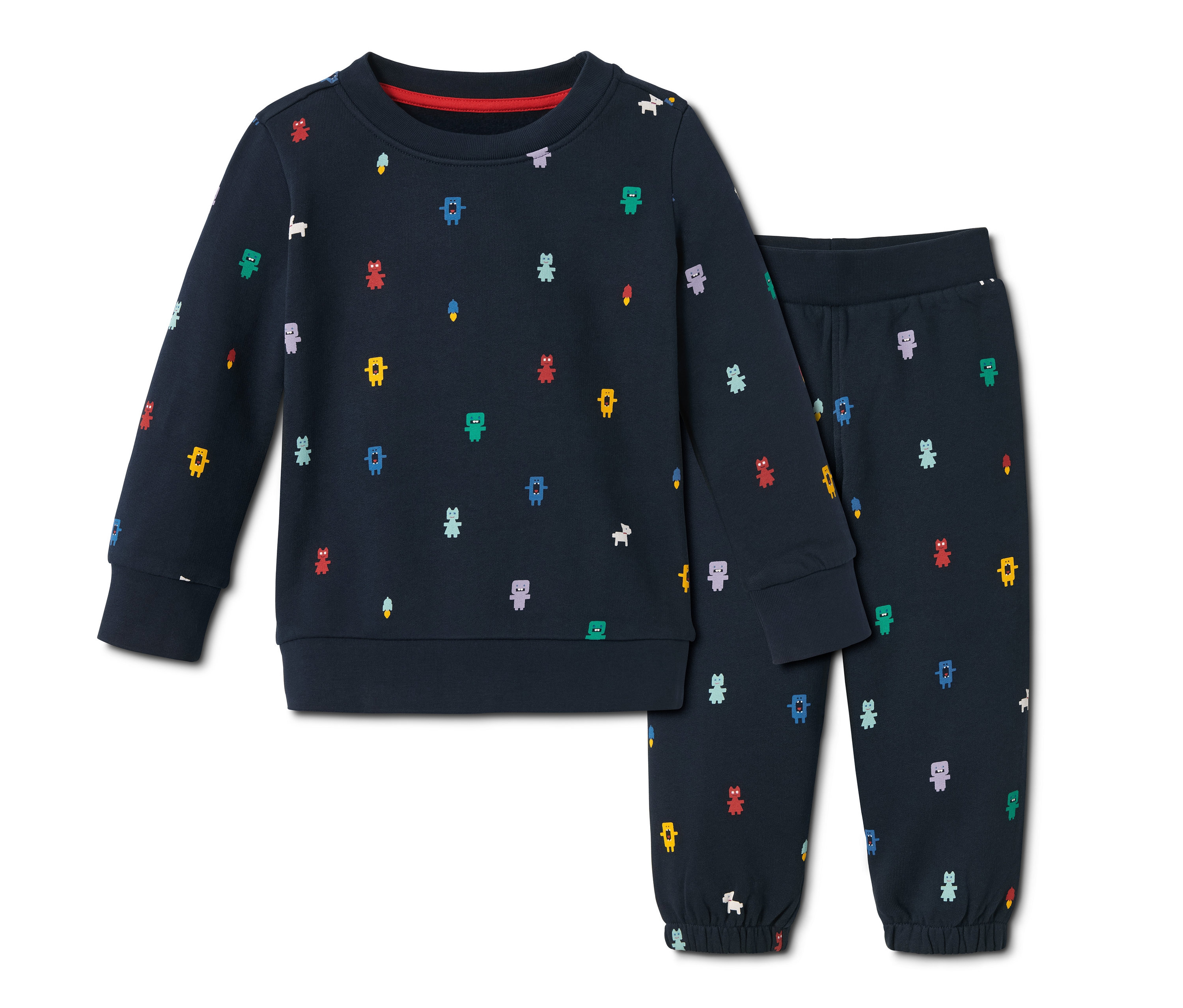 Tmavě modrá tepláková souprava s barevnými vzory.