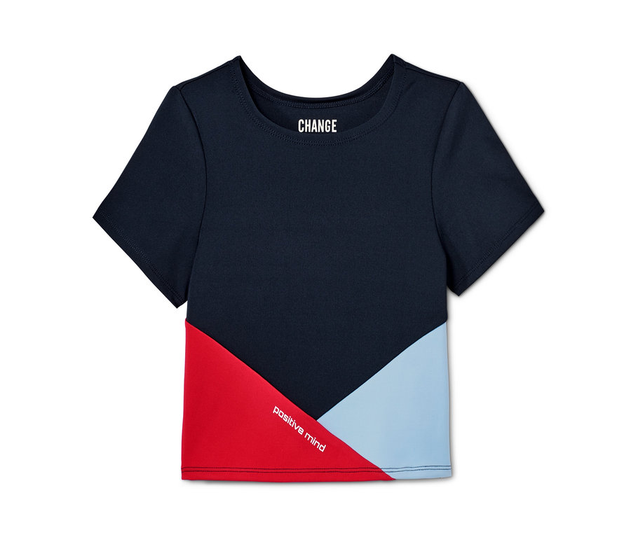 Tmavě modré dívčí funkční tričko s krátkým střihem a nápisem "CHANGE" a "positive mind".