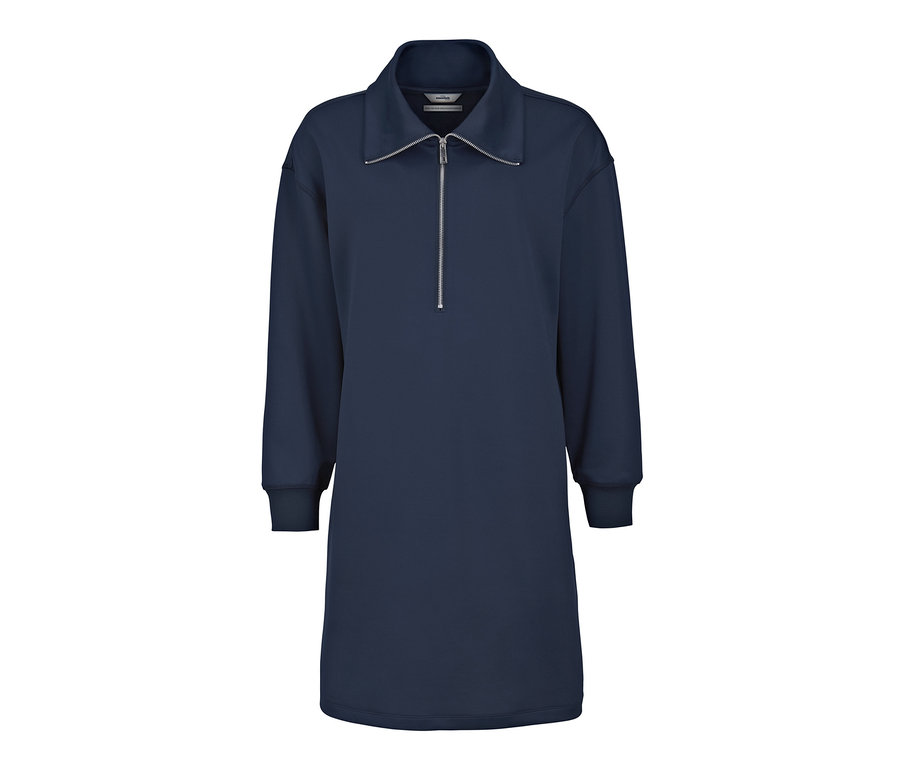 Tmavě modré teplákové šaty s dlouhými rukávy a stříbrným zipem.