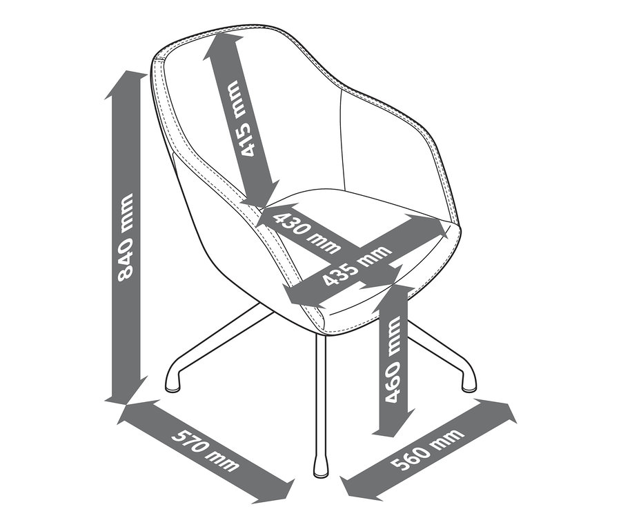 Nákres polstrované otočné koženkové židle s rozměry.