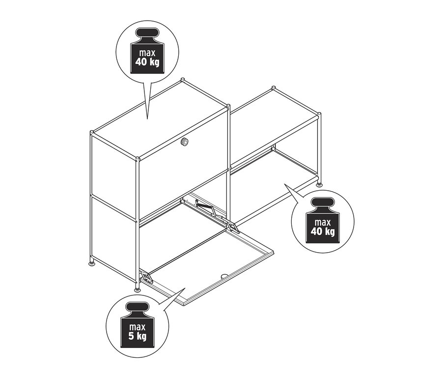 Nákres odkládací skříňky »CN3« se 2 výklopnými dvířky a kovového regálu CN3 se 3 přihrádkami.
