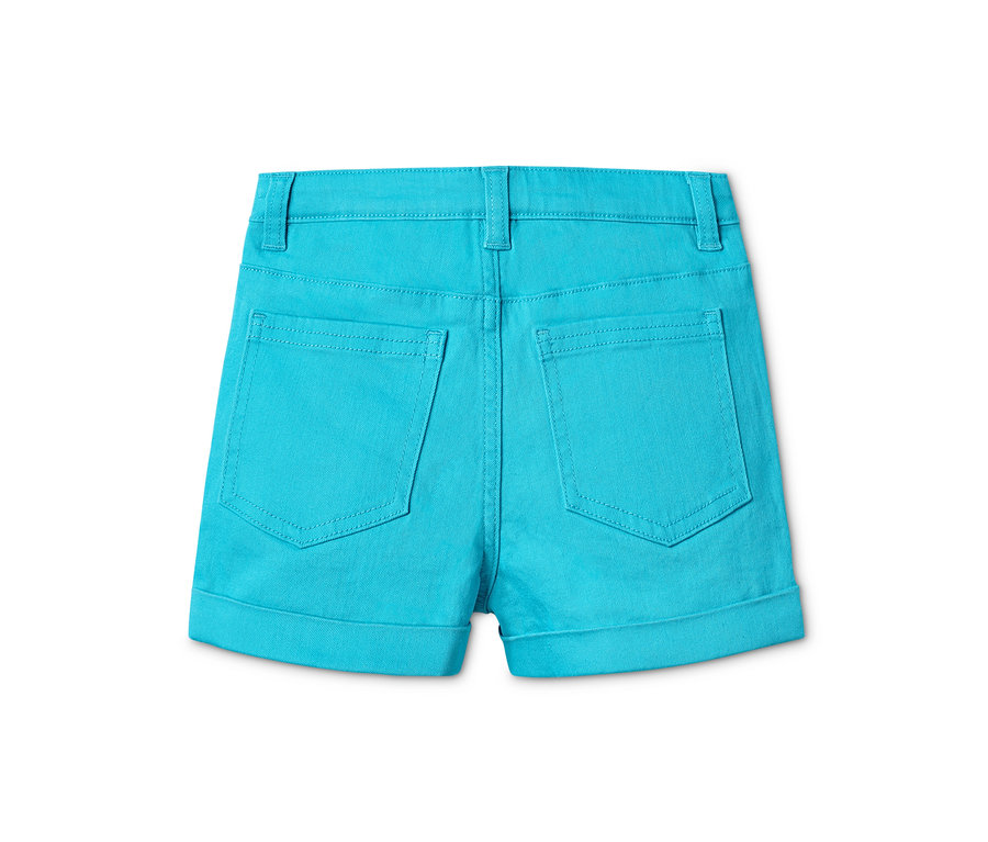 Detail zadní strany tyrkysových šortek, 2 ks.