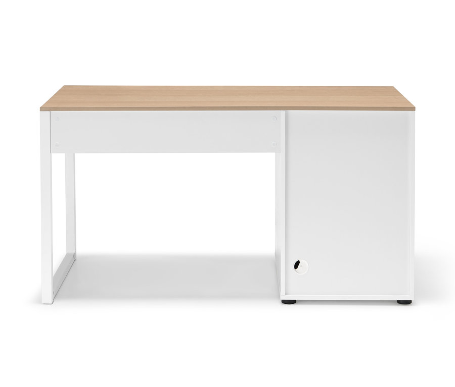 Psací stůl s úložným prostorem s bílou konstrukcí a světlou dřevěnou deskou.