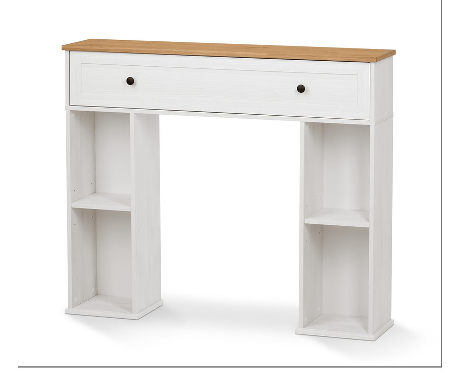 Bílá krbová římsa s otevřeným a zavřeným úložným prostorem.