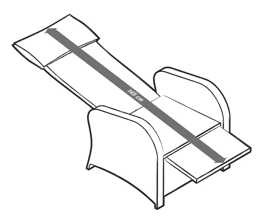 Nákres křesla Thore s výklopnou podnožkou a rozměry 145 cm.