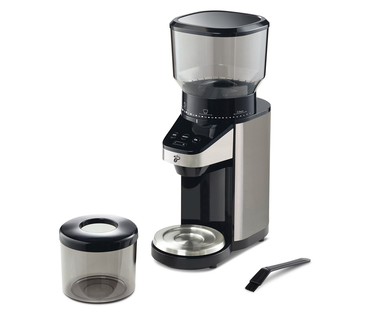 Elektrický mlýnek na kávu s váhou, s nádobou na mletou kávu a čistícím štětcem.