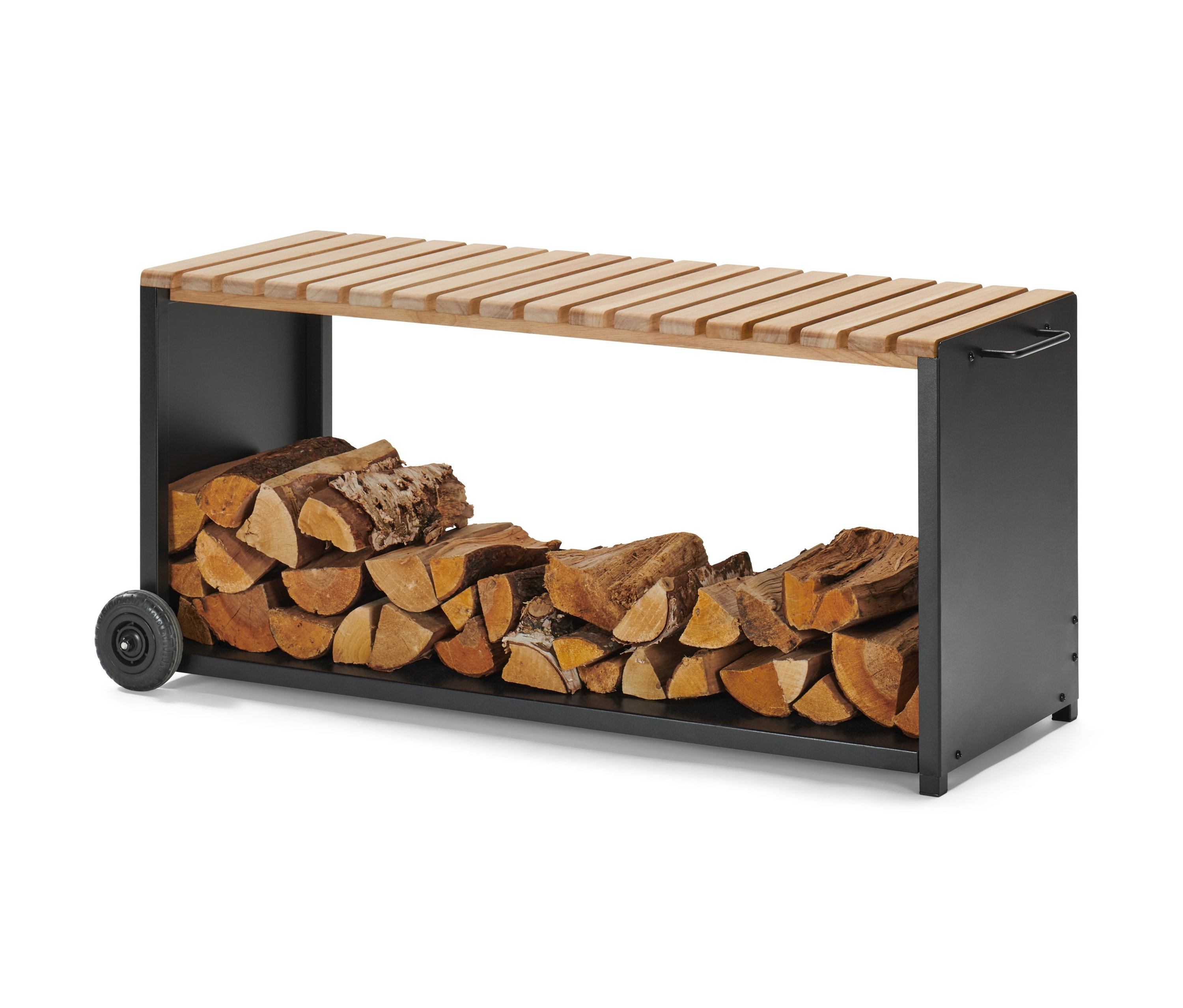 Dřevěná lavice s kolečky na uložení palivového dřeva.