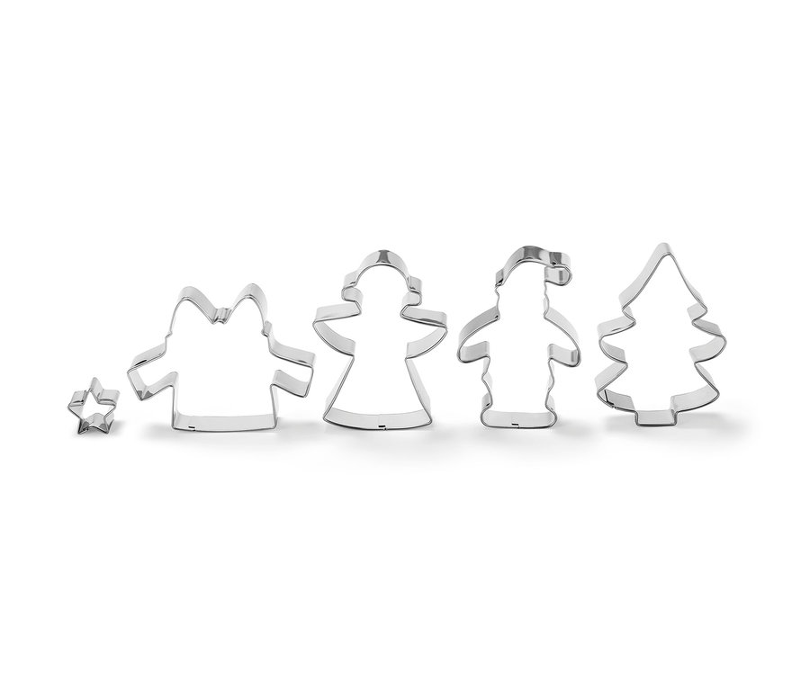 Pět vykrajovátek na cukroví ve tvaru hvězdy, anděla, soba, Santa Clause a vánočního stromku.