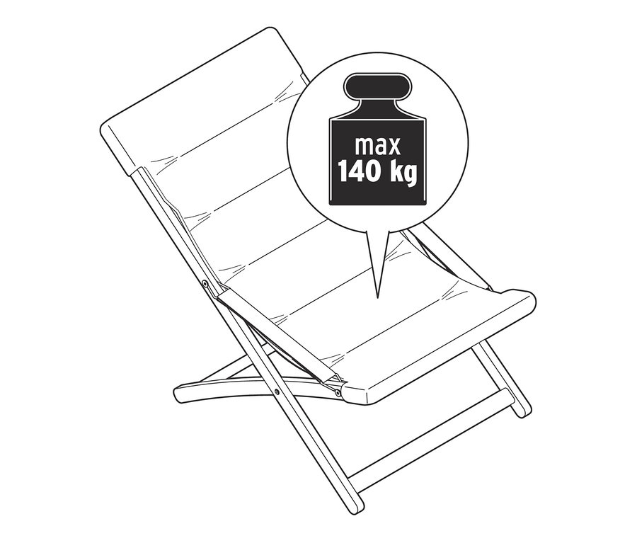 Ilustrace skládacího relaxačního křesla s maximální nosností 140 kg.
