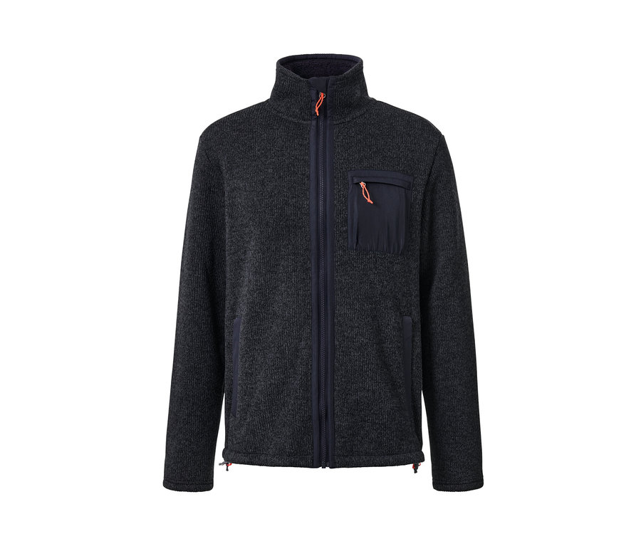Tmavě modrá termobunda z pleteného fleecu se zipem a náprsní kapsou.