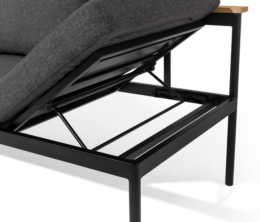 Detail jídelní lavice a lehátka »Elin« 2 v 1 s odklopeným sedákem.