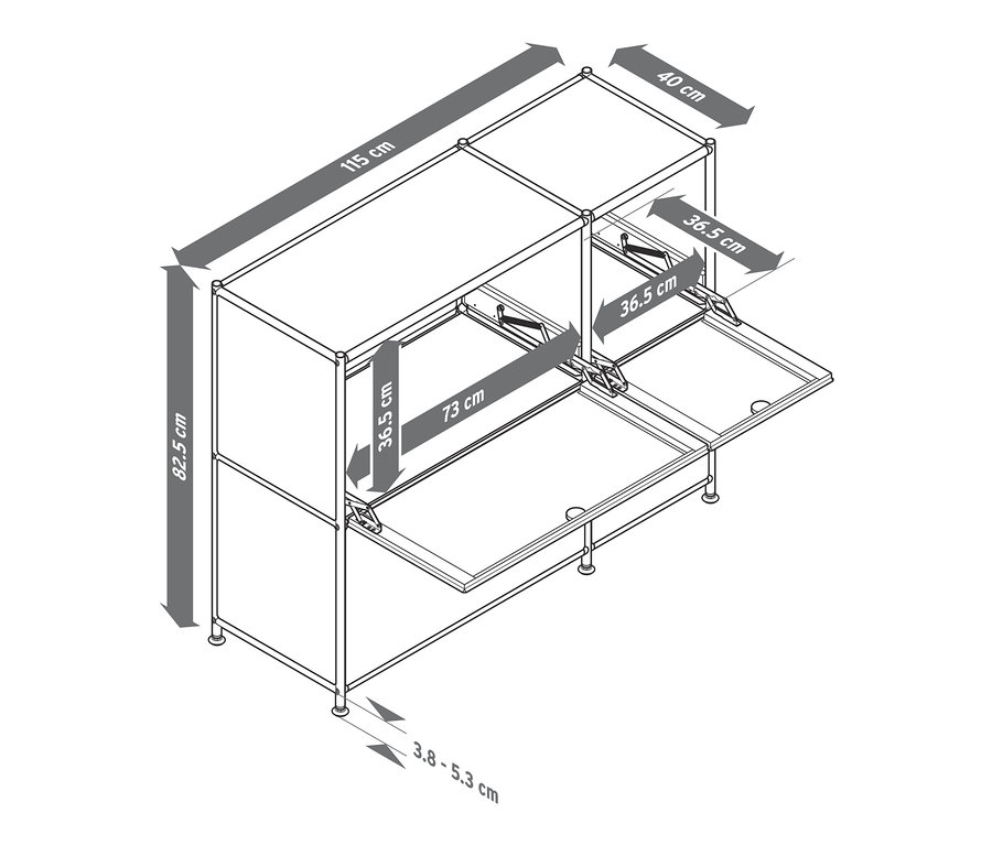Nákres kovové odkládací skříňky »CN3« se 4 výklopnými dvířky a rozměry.