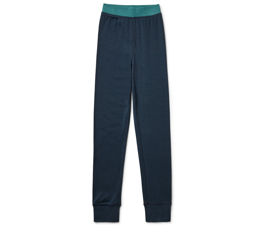 Tmavě modré legíny s tyrkysovým pasem.