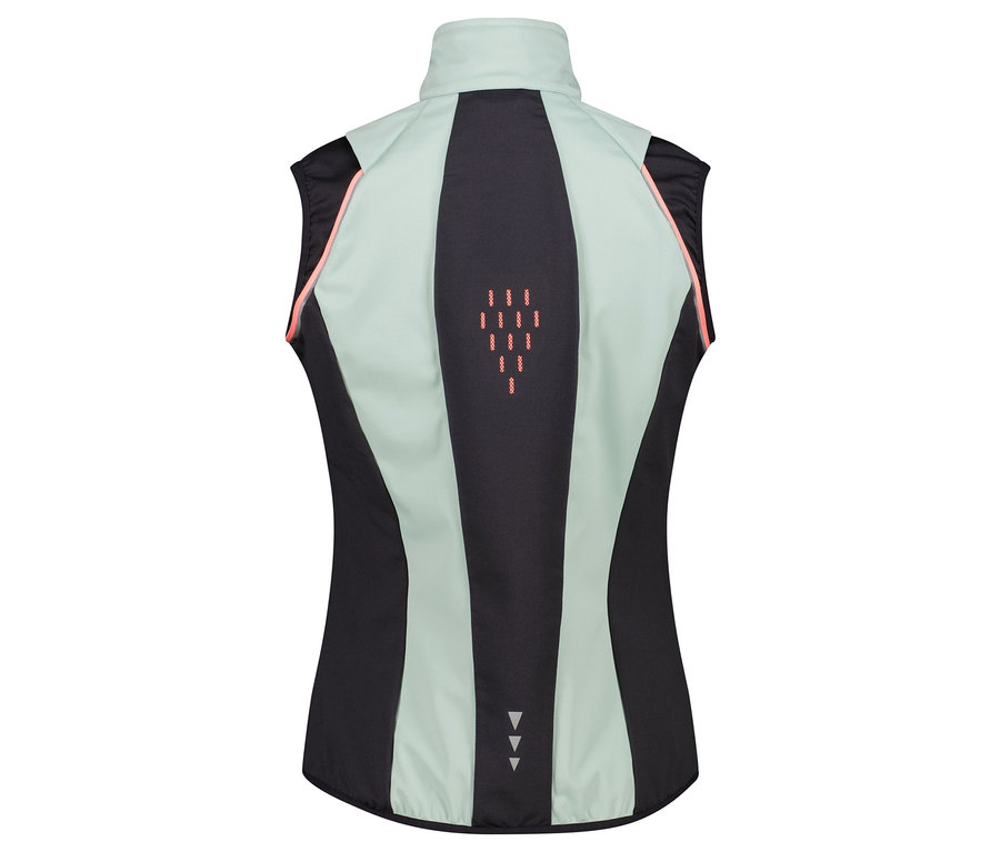 Zadní pohled na sportovní vestu s černými a světle zelenými panely a oranžovými akcenty.