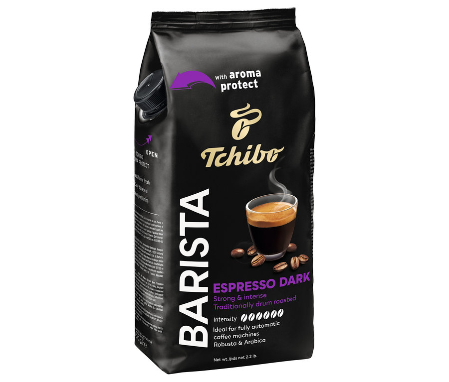 Černý balíček zrnkové kávy BARISTA Espresso Dark.