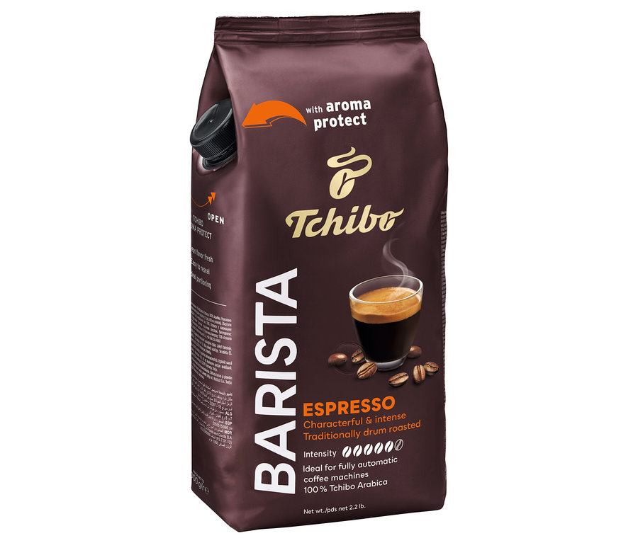 Hnědý balíček kávy Barista Espresso s obrázkem šálku espressa a kávových zrn.