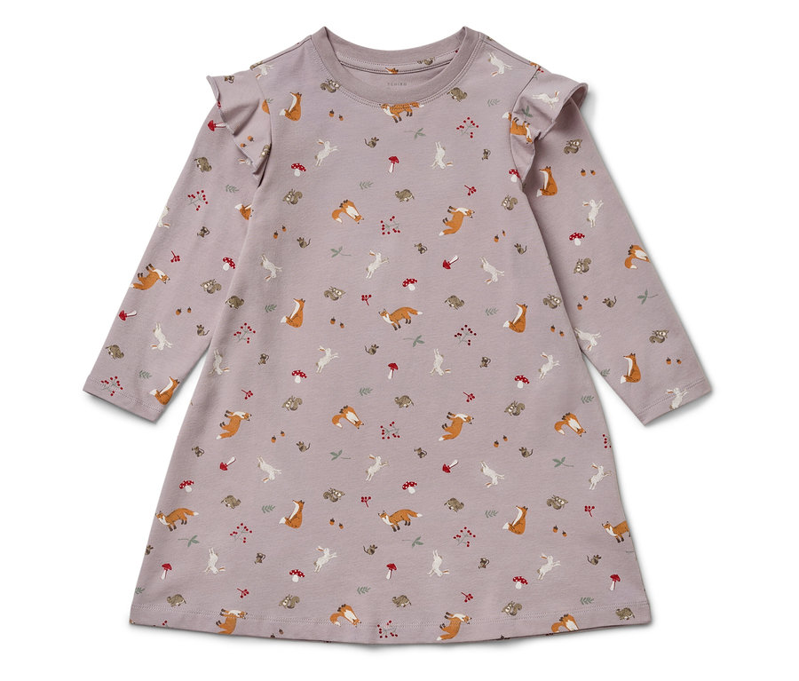 Fialové šaty s dlouhým rukávem a potiskem lišek, zajíců, veverek a hub.