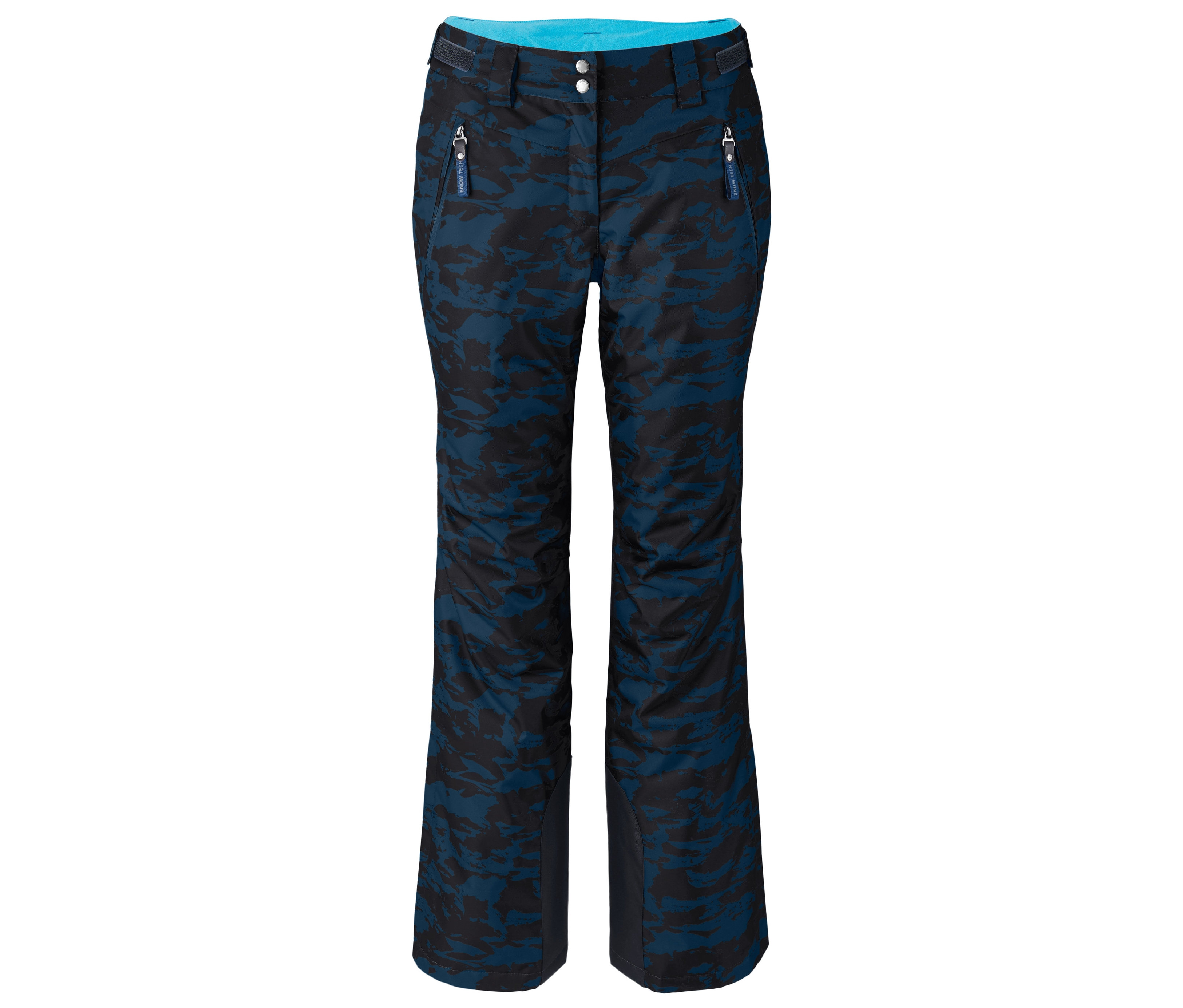 Modré/černé lyžařské kalhoty.