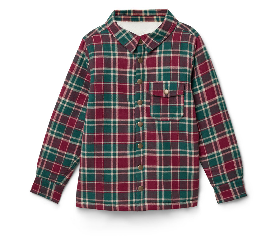 Červeno-zelená kostkovaná košile s dlouhými rukávy a knoflíky.