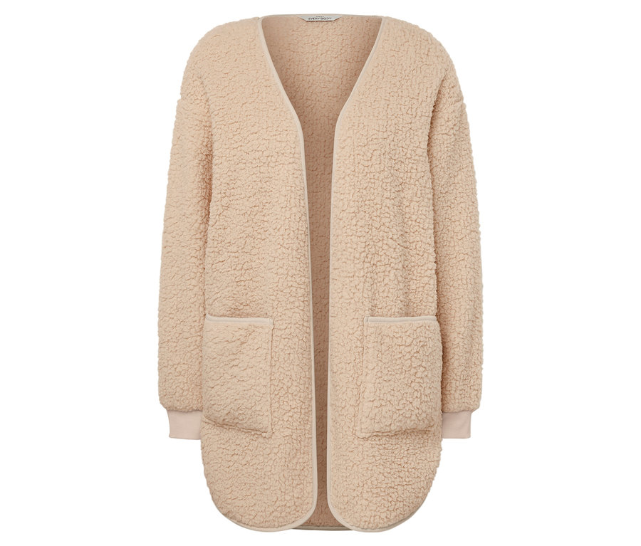 Béžový kardigan s dlouhým rukávem a kapsami.