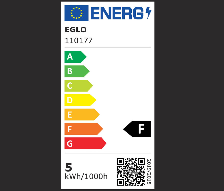 Energetický štítek s třídami A až G, lampa třídy F, 5 kWh/1000h.