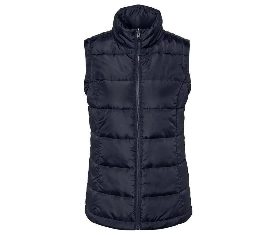 Tmavě modrá prošívaná vesta na zip s vysokým límcem.