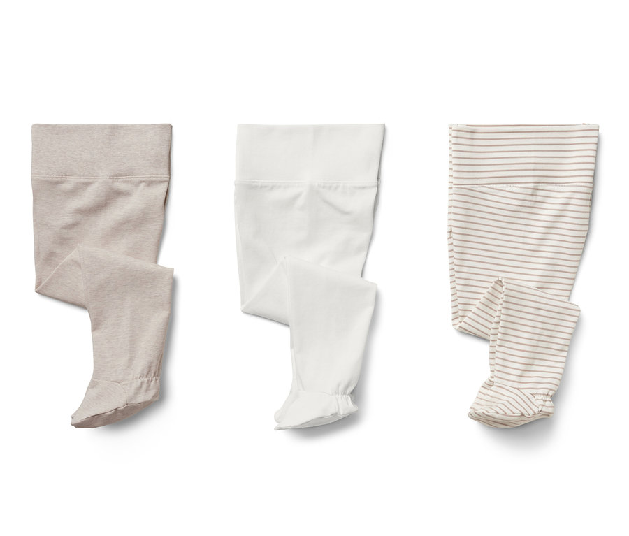 Tři kojenecké dupačky: béžové, bílé a pruhované.