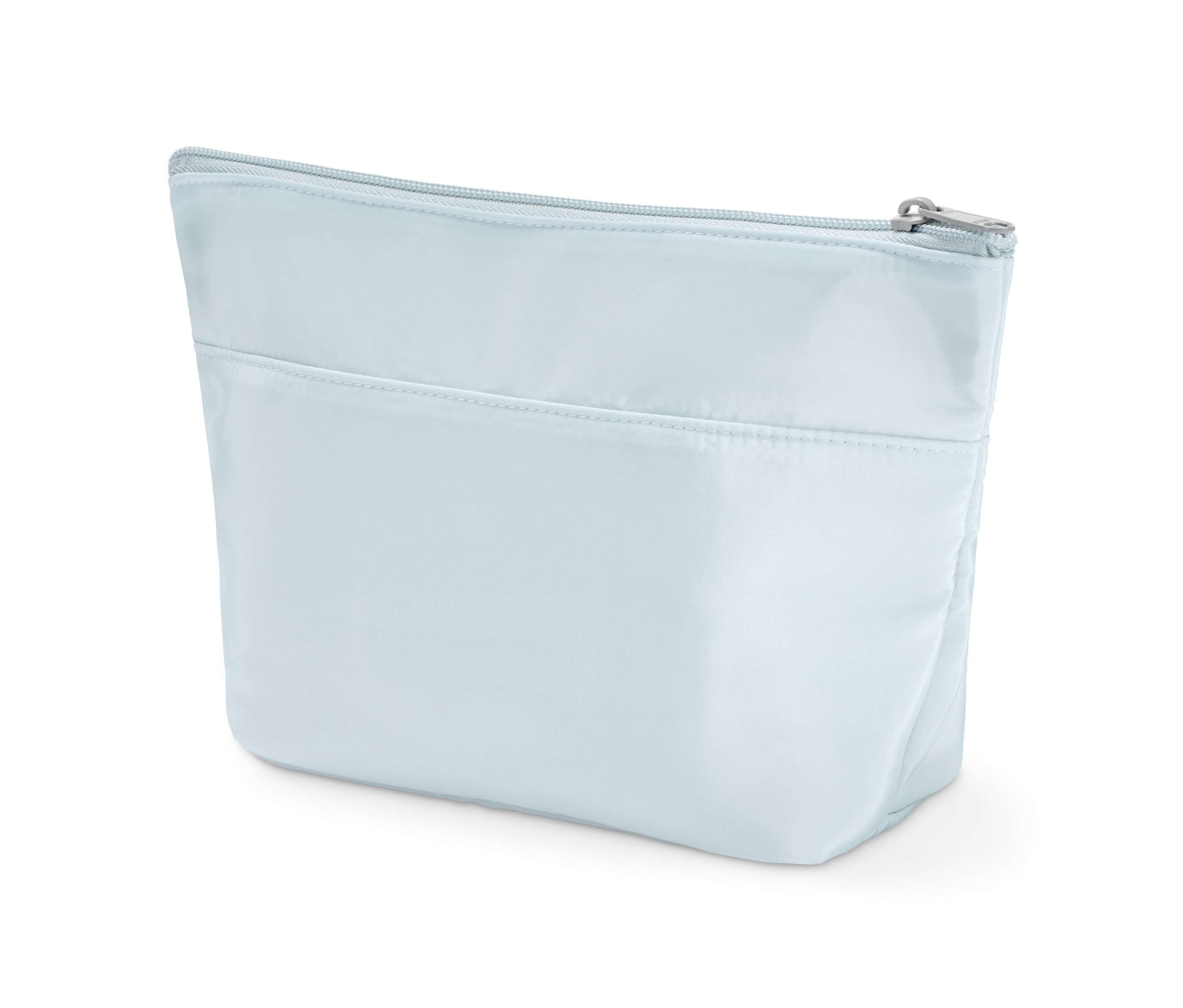 Světle modrá toaletní taštička se zipem a vnější kapsou.