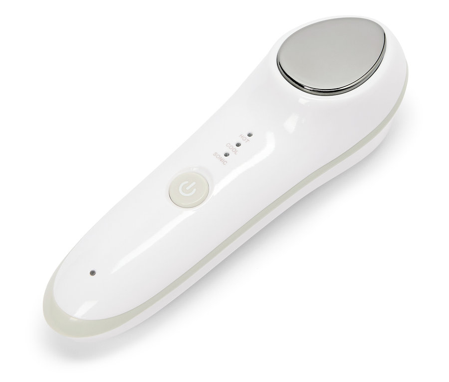 Bílý kosmetický přístroj s kovovou hlavicí a tlačítky pro nastavení teploty a sonic režimu.