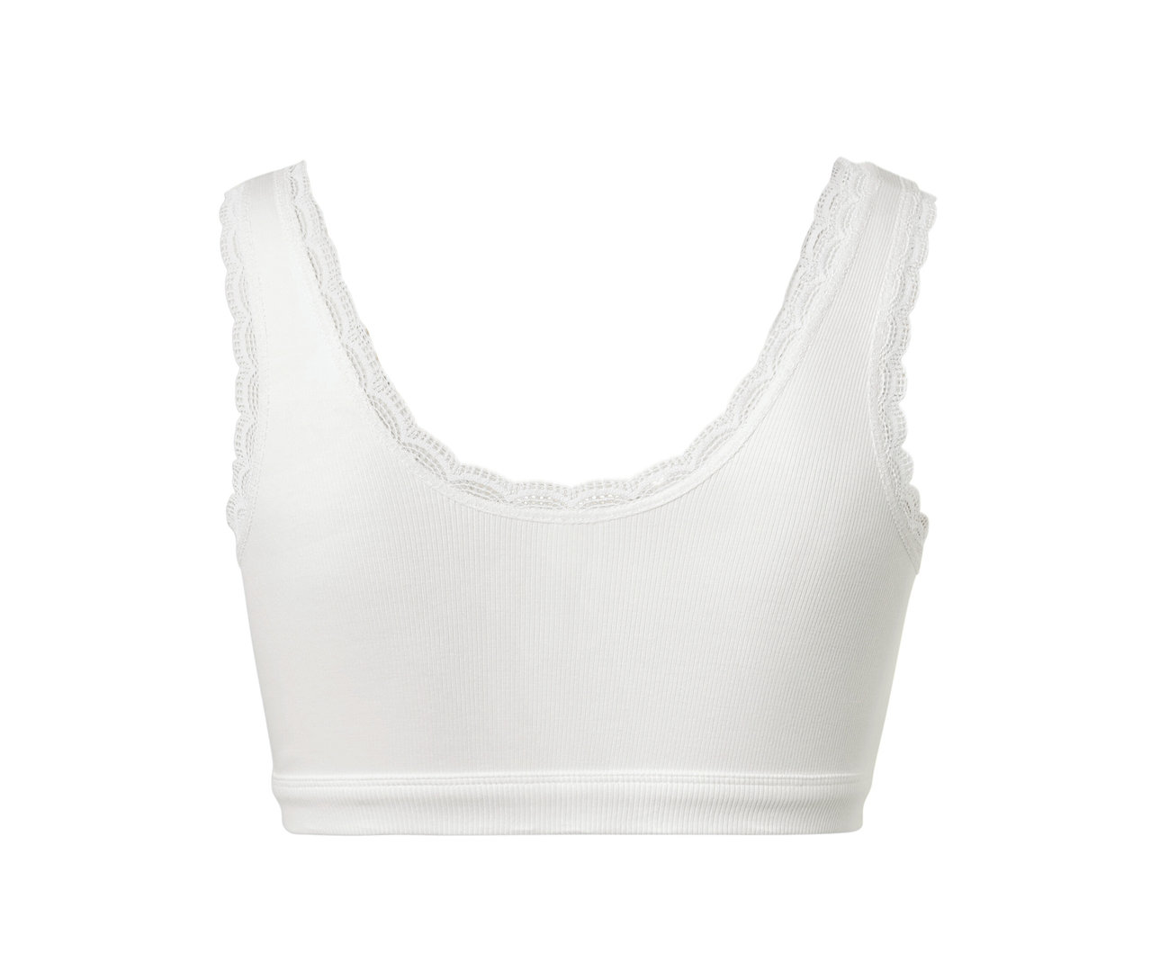 Bílá podprsenka ze žebrovaného materiálu s krajkovým lemem.