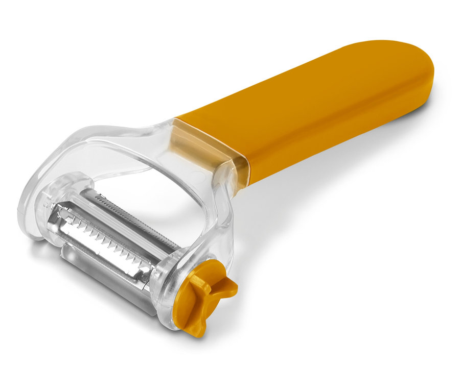 Žlutá škrabka na zeleninu s průhledným plastovým krytem na bílém pozadí.