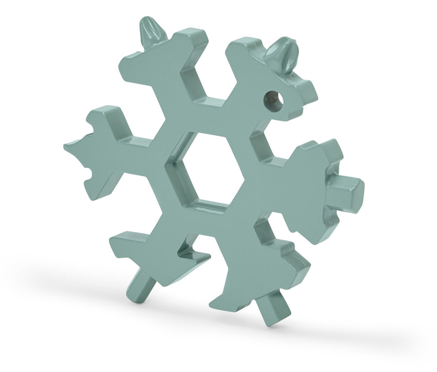 Šedý multifunkční klíč ve tvaru sněhové vločky.