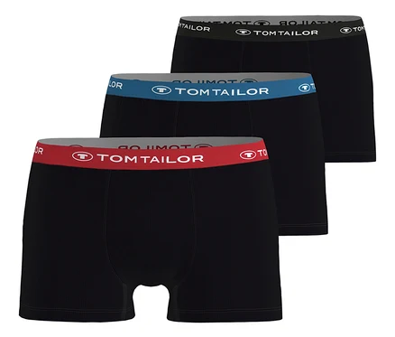 Tři vícebarevné boxerky Tom Tailor »Buffer« naskládané na sobě, s černými nohavicemi a barevnými pásy s logem Tom Tailor.