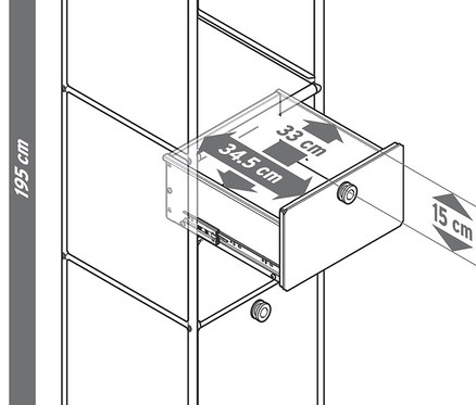 Ilustrace kovového regálu »CN3« se 2 výklopnými dvířky a 2 zásuvkami.