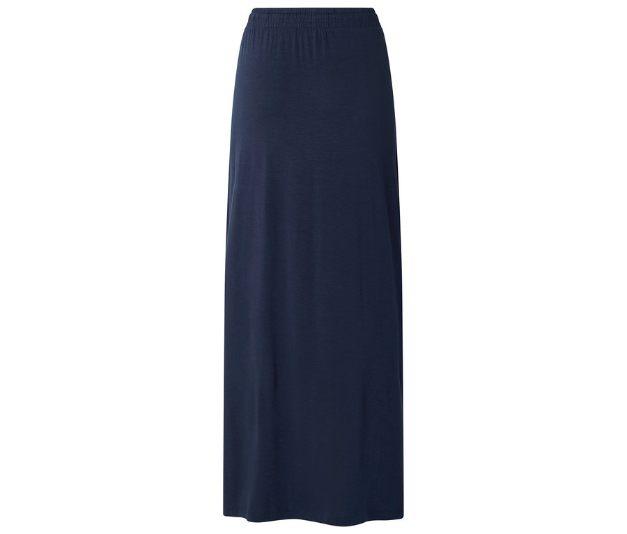 Tmavě modrá sukně ke kotníkům s elastickým pasem na bílém pozadí.
