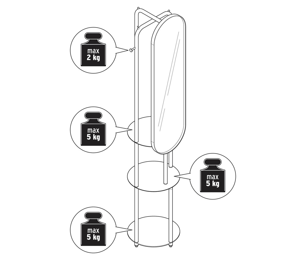Ilustrace otevřené šatní skříně s velkým zrcadlem.