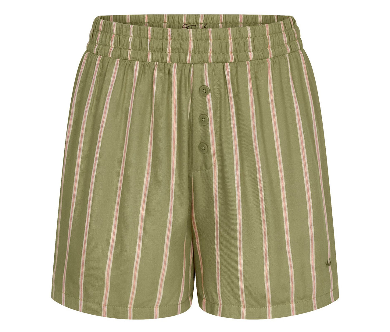 Šortky Triumph Mix & Match Shorts Viscose. Olivově zelené šortky s růžovými pruhy, elastickým pasem a knoflíkovou légou.