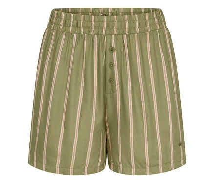 Šortky Triumph Mix & Match Shorts Viscose. Olivově zelené šortky s růžovými pruhy, elastickým pasem a knoflíkovou légou.