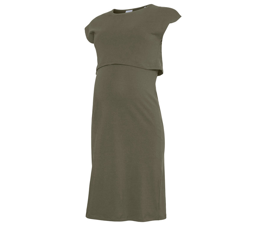 Khaki těhotenské šaty s krátkým topem a sukní ke kolenům.