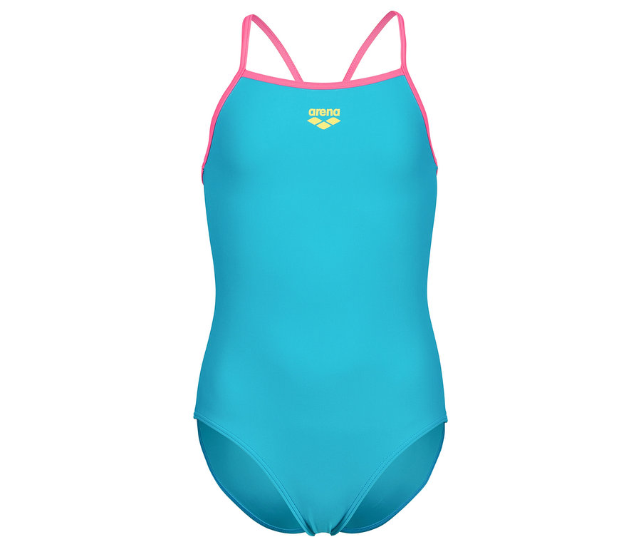 Tyrkysové plavky s růžovými ramínky, vyfocené ve studiu.