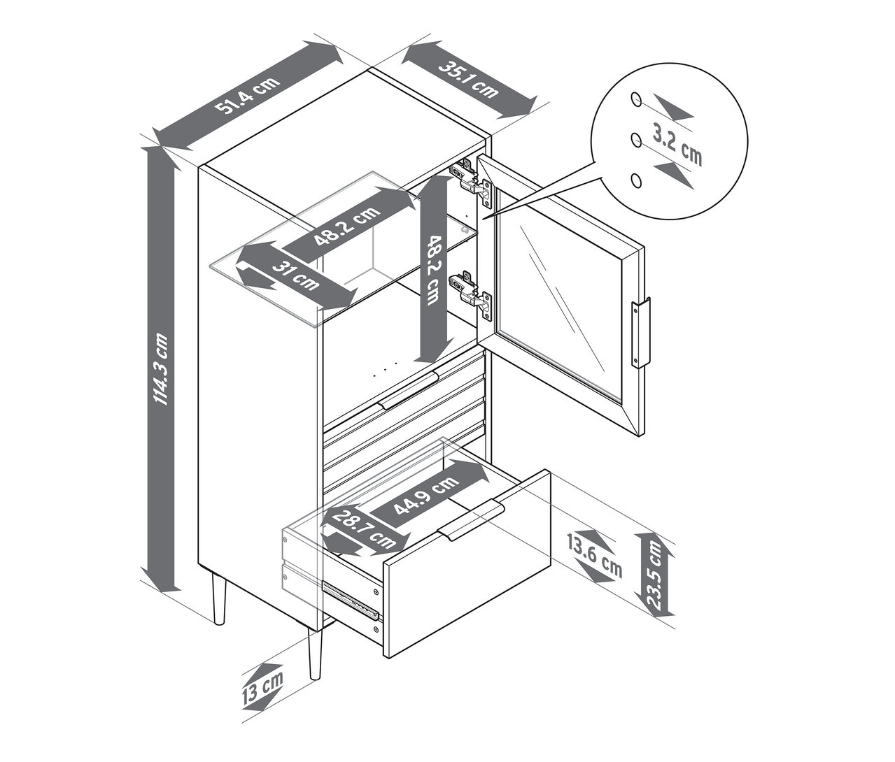 Nákres vitríny »BAAKEN« s prosklenými dvířky a 2 zásuvkami, s rozměry.